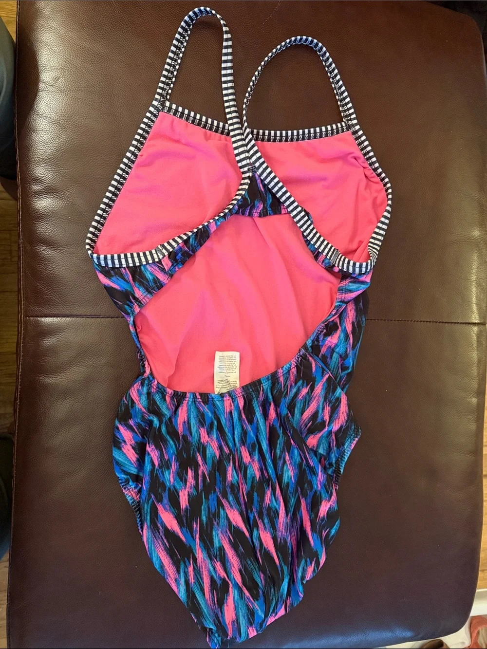 Girls' One-Piece Swimsuit in Black with Pink & Blue Print -